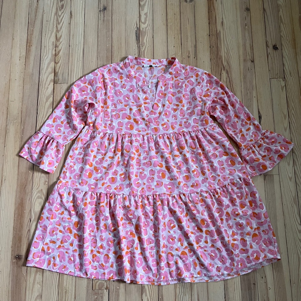 NWOT Michelle McDowell Pink Orange Leopard Print Tiered Babydoll Ruffle Dress L
